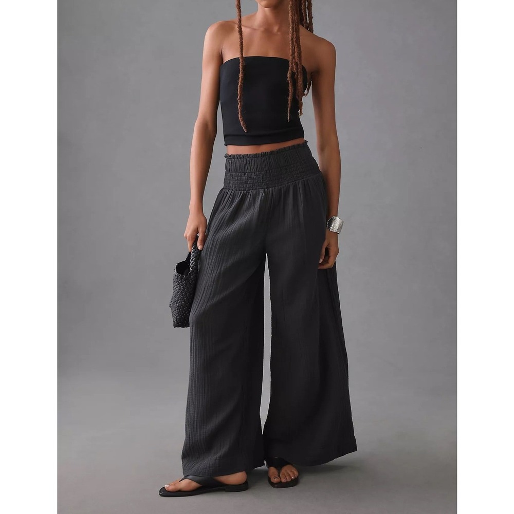 Anthropologie Wide Leg Smocked Gauze Pants Womens Large Black Boho Pull On Goth